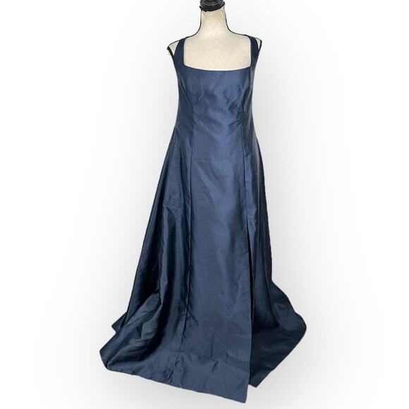 Alfred Sung Maxi Gown Women's 14R Navy Blue Square Neck Satin A-Line Sleeveless - Picture 5 of 11